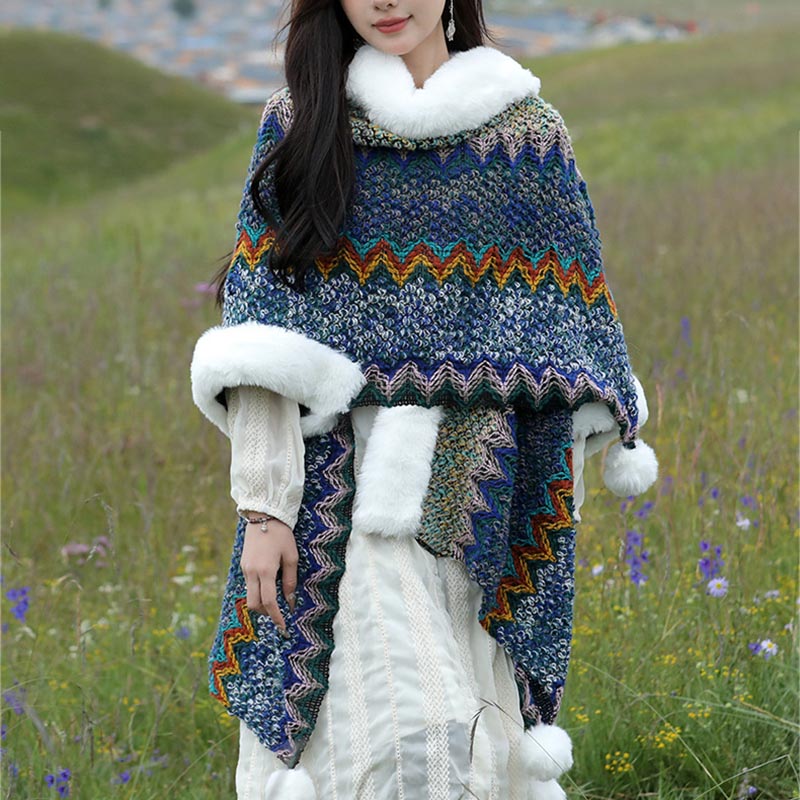 Tibetan Wavy Knitted Striped Shawl Coat