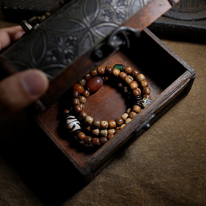 Tibetan Bodhi Seed Amber Dzi Bead Triple Wrap Bracelet