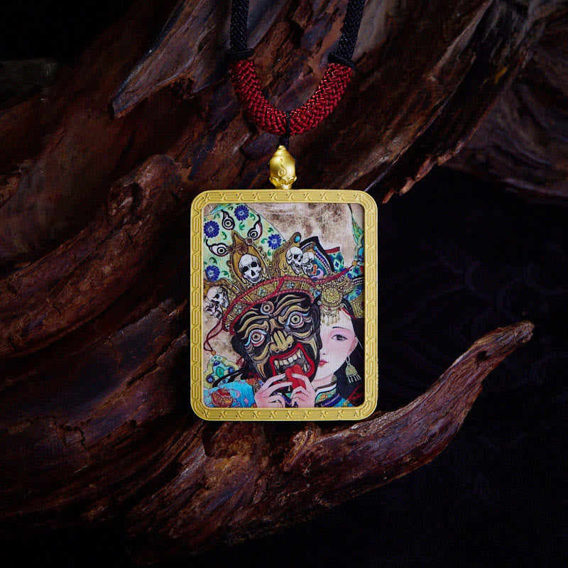 Tibetan Nine-Tailed Fox God of Wealth Thangka Necklace
