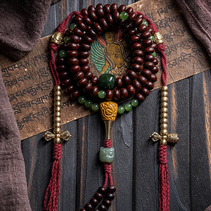 Tibetan 108 Bodhi Seed & Hetian Jade Dorje Peace Bracelet