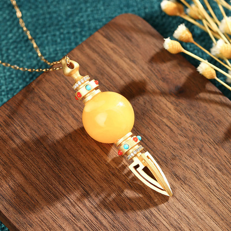 24K Gold Plated Amber Dorje Vajra Necklace Pendant for Anxiety