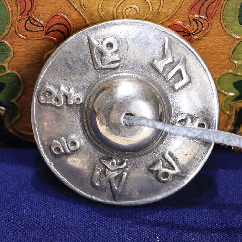 Tibetan White Copper Tingsha Bell Six True Words Healing Decoration