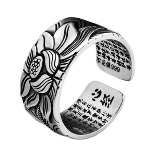 Tibetan White Copper Enlightenment Ring with Lotus