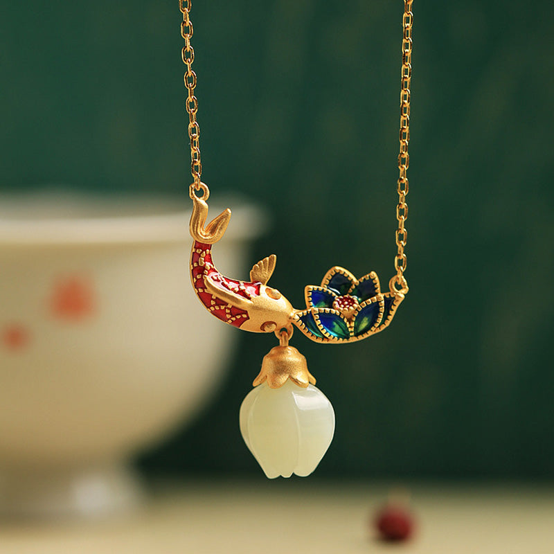 Sterling Silver White Jade Koi Fish Protection Pendant