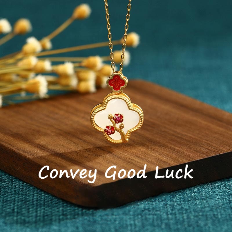 24K Gold Plated White Jade Lucky Clover Necklace Set