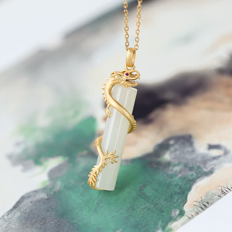 White Jade Dragon Phoenix Protective Pendant Necklace