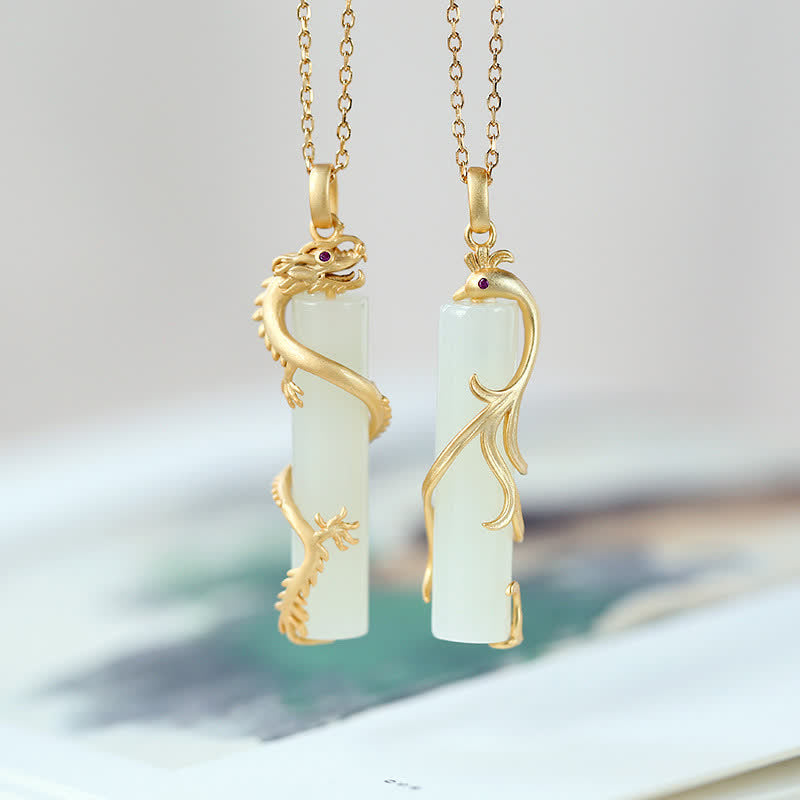 White Jade Dragon Phoenix Protective Pendant Necklace