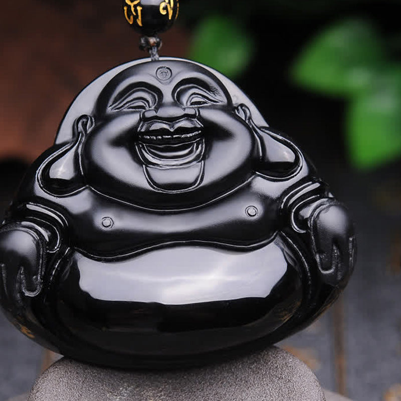 Black Obsidian Laughing Buddha Pendant Necklace