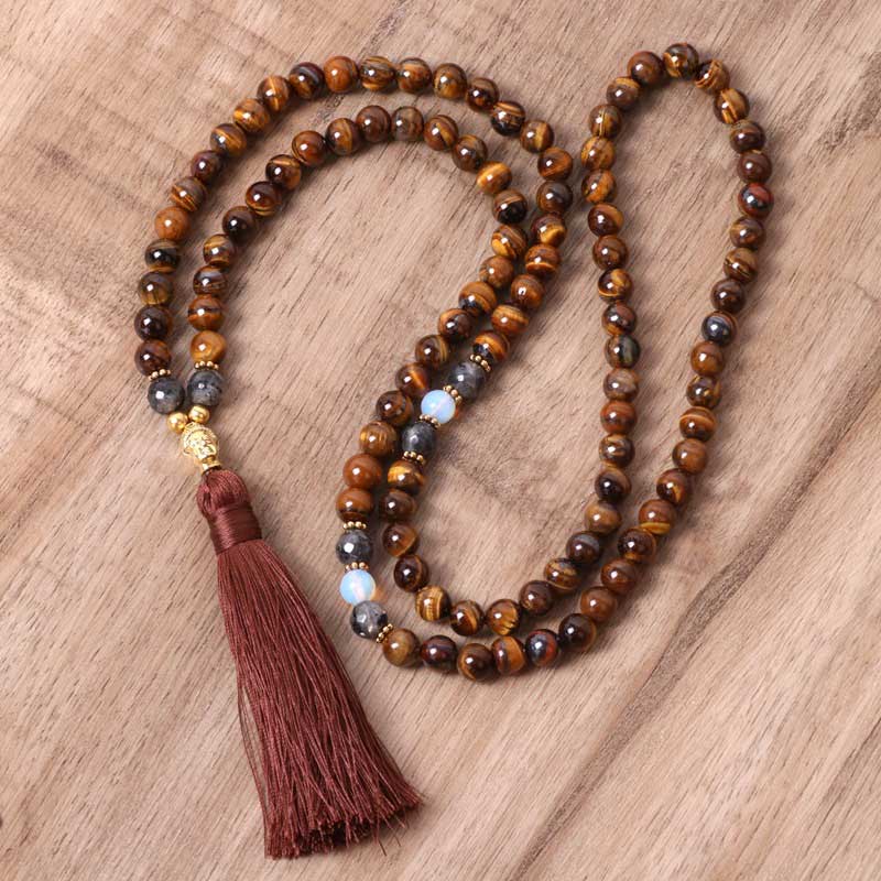 Tibetan Tiger Eye Buddha Tassel Necklace