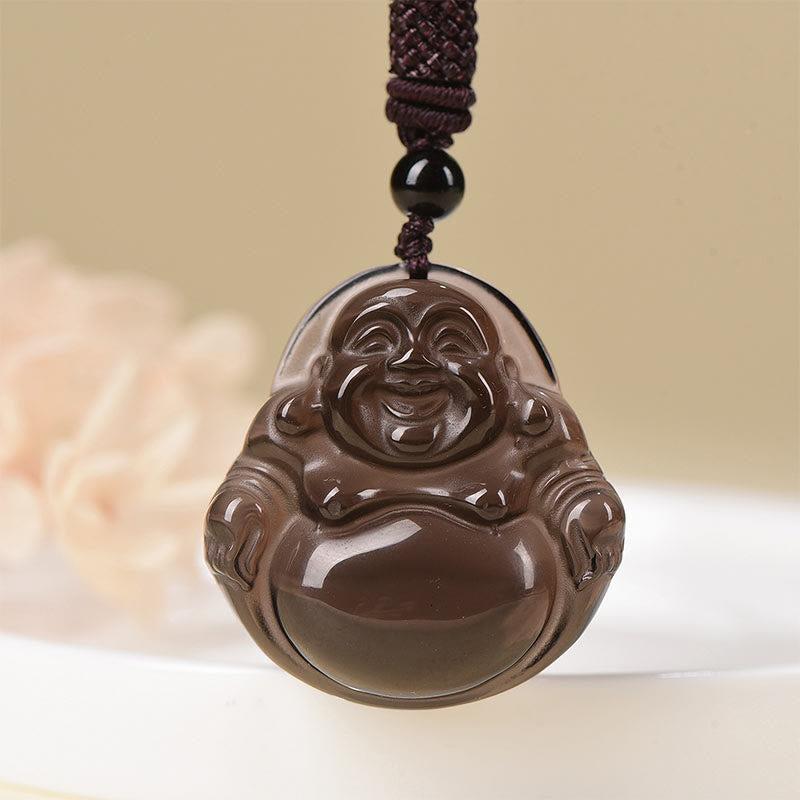 Natural Black Obsidian Laughing Buddha Necklace